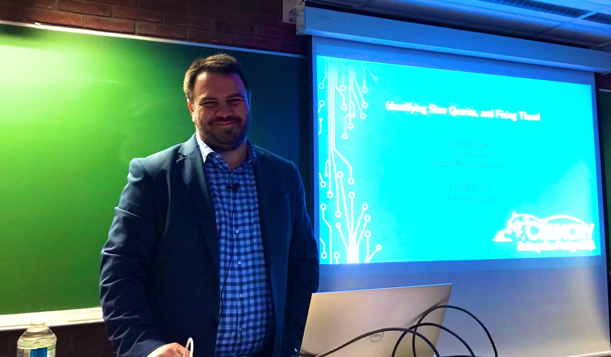 Stephen Frost of Crunchy Data presenting in the PostgreSQL devroom at FOSDEM'20