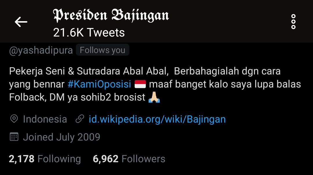 Ga terasa dah 21.6 K nge Tweet sejak 2009... Ngoceh2 ga jelas di Twiiter... Mudah2an menjadi bagian warna yg cantik di TL kawan2 semua...

🙏🏻🙏🏻🙏🏻 
#KamiOposisi