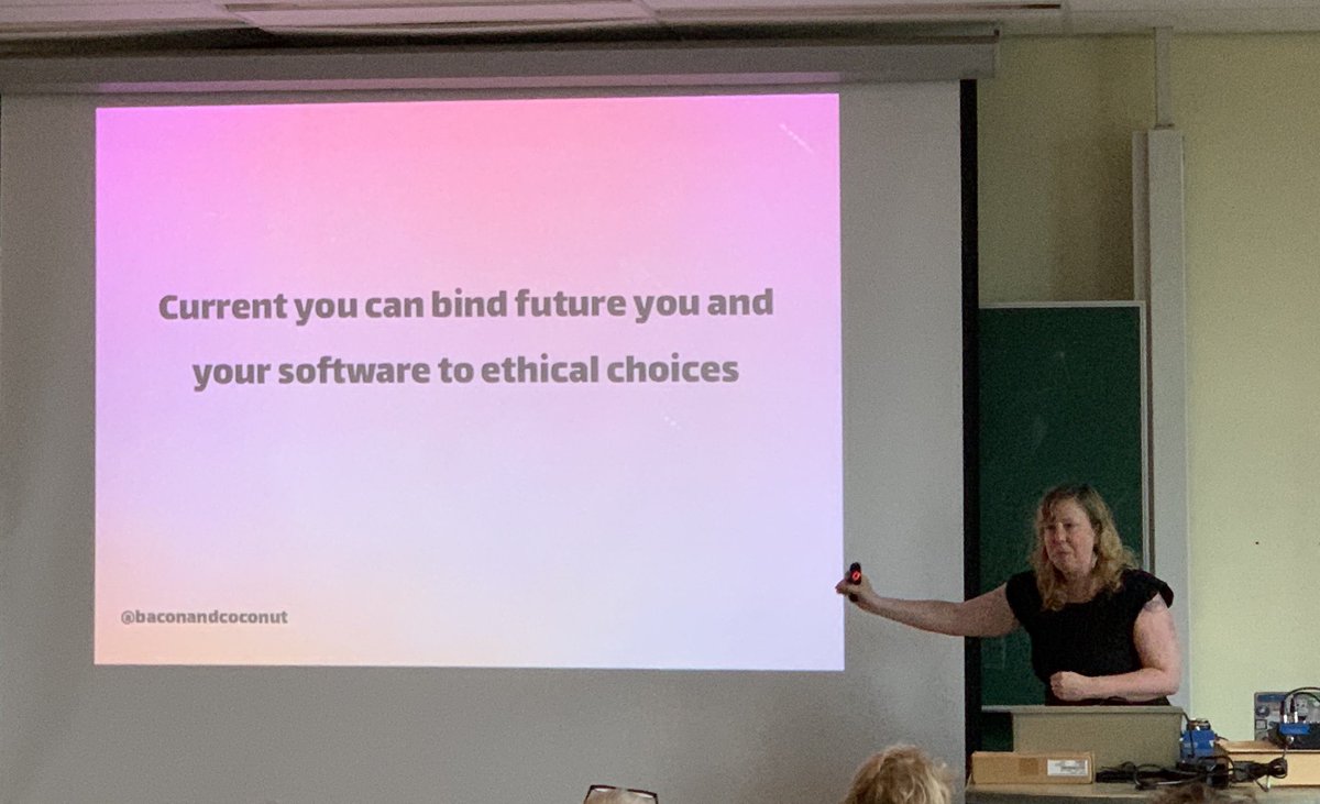 binford2k's tweet image. Current you can bind future you to ethical choices. Bravo. 👏 ⁦@baconandcoconut⁩ @fosdem #EthicalSoftware #EthicalBusiness