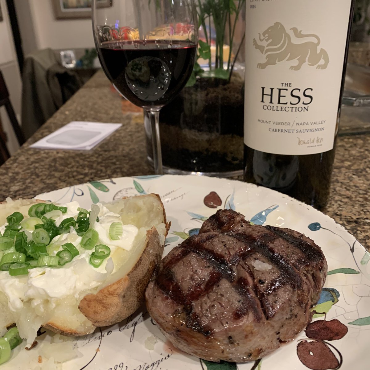 OregonWineLover's tweet photo. Saturday night - A perfect filet mignon (Sous Vide & BBQ finish) baked potato & a fantastic @HessCollection 2014 Estate Mt Veeder #cabernetsauvignon - Black fruits, beautiful balance, full-bodied, vibrant & concentrated, smooth tannins - #Malbec & #Petiteverdot added - perfect! https://t.co/zDj81jF7zK