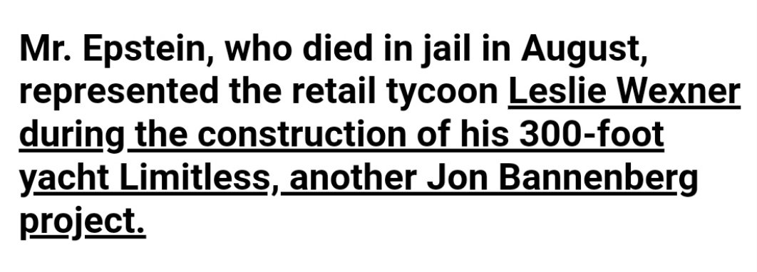 Isn't it amazing how all these people are scurrying to distance themselves from Epstein and his pimp Ghislaine? Ooops, Epstein actually represented Leslie Wexner in negotiating with Bannenberg ...Or was he only dealing with Bannenberg's tea-lady?