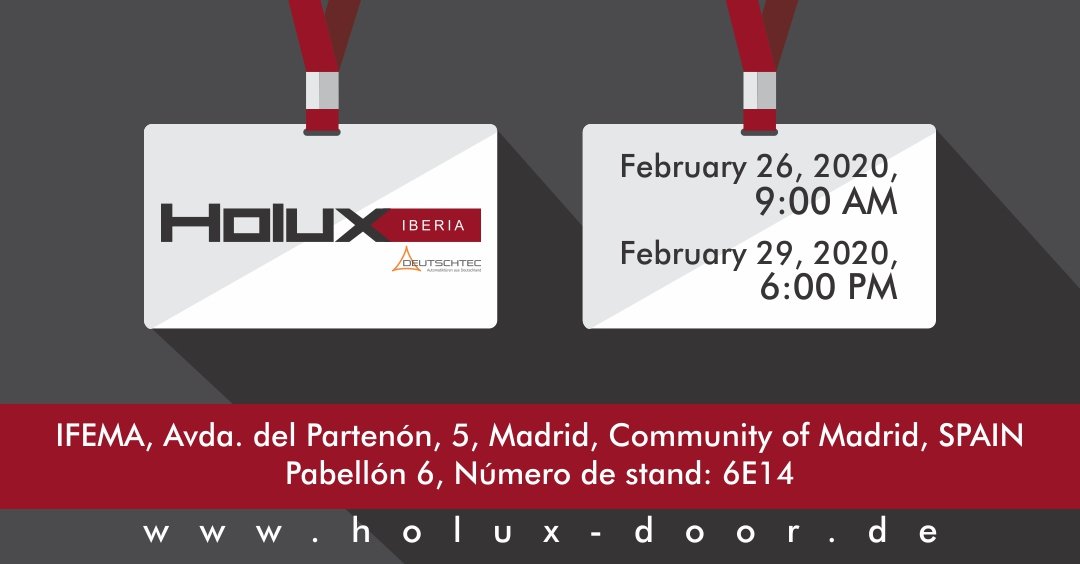 Deutschtec_Door's tweet photo. We welcome you in Madrid exhibition from 26-29 February 2020.
JOIN US.
#holuxiberia #holux #Deutschtec #exhibition #automatiktür #smartdoor #puertas https://t.co/5vK3nSnwVg
