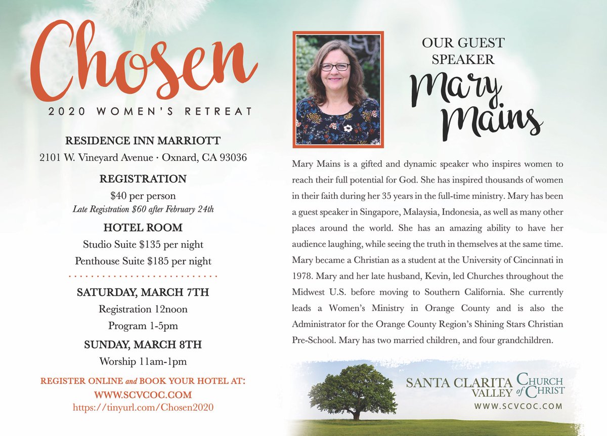 scvcoc's tweet photo. Join us for an inspirational Women’s Retreat March 7th and 8th, 2020. Go to https://t.co/A9tTcXAhpN to register and book your hotel room. #Chosen2020 #scvcoc #Chosen #Womensretreat #faith #womensministry #God https://t.co/p5mYDkxsmT