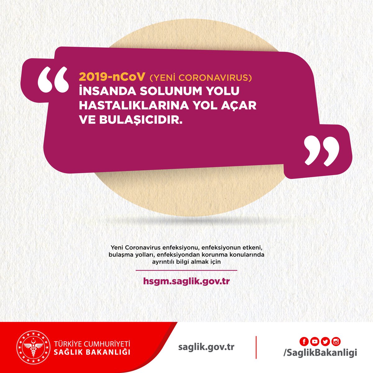 2019-nCoV (Yeni Coronavirus) insanda solunum yolu hastalıklarına yol açar ve bulaşıcıdır.
Ayrıntılı bilgi için bit.ly/31gzaJe