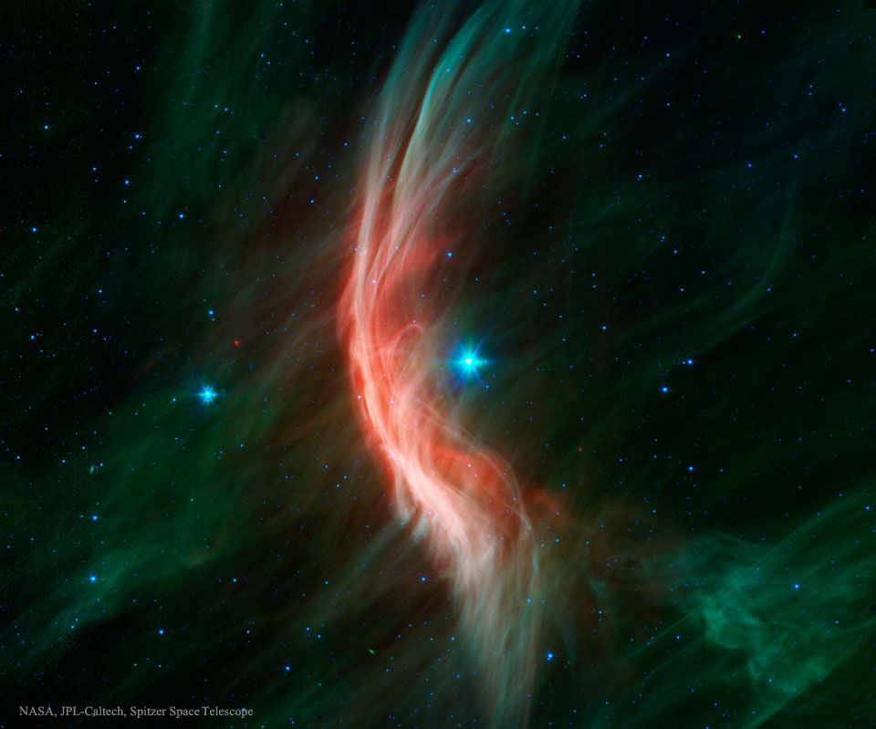 Klein_Universe's tweet image. Bluish Zeta Oph, a star about 20 times more massive than the Sun, lies near the center of the frame, moving toward the left at 24 km/s, producing the arcing interstellar bow wave or bow shock seen in this stunning infrared portrait buff.ly/2UjLzea