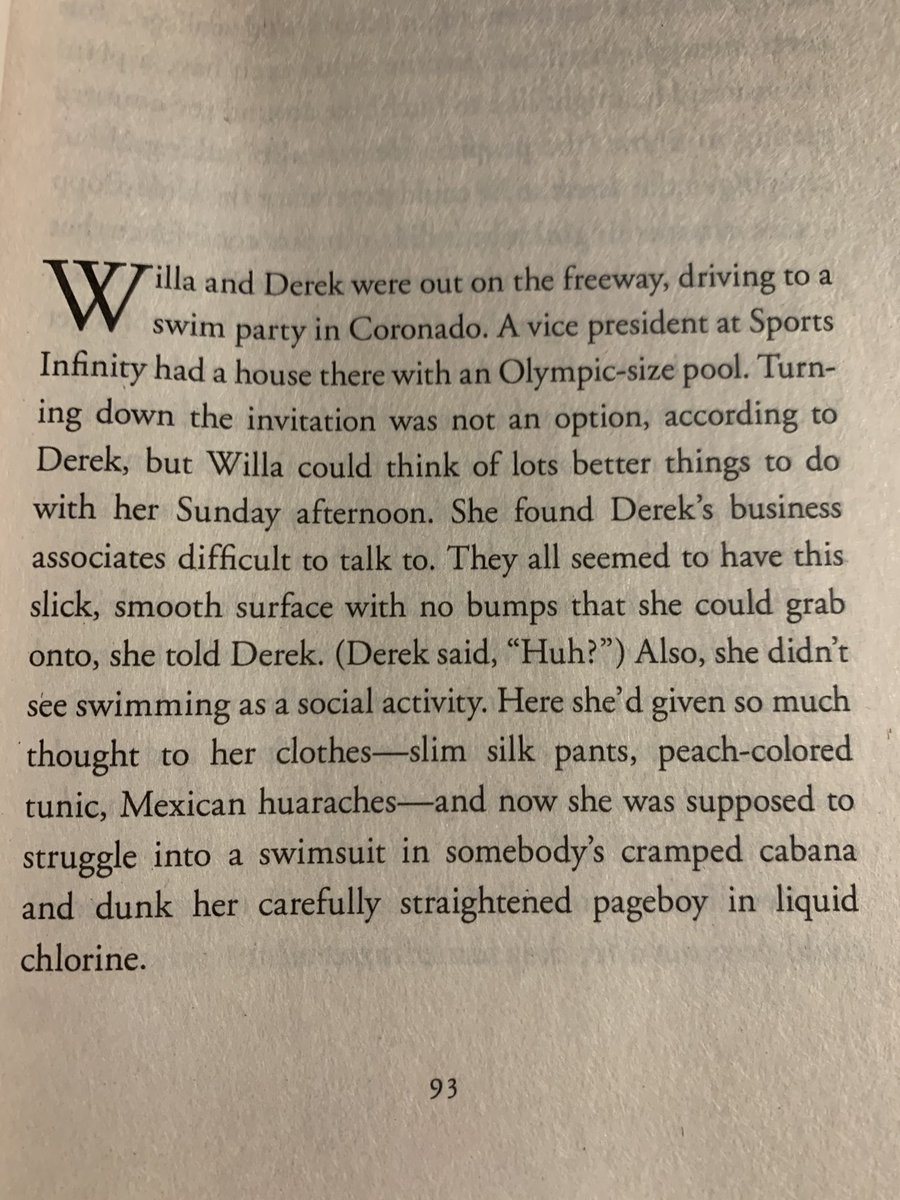_Anna_Macdonald's tweet photo. βShe found Derekβs business associates difficult to talk to. They all seemed to have this slick smooth surface with no bumps she could grab onto, she told Derek. (Derek said, βHuh?β).β
Simple, expressive writing that adds up to so much more than words. #AnneTyler #ClockDance. https://t.co/dUre0yLoo1