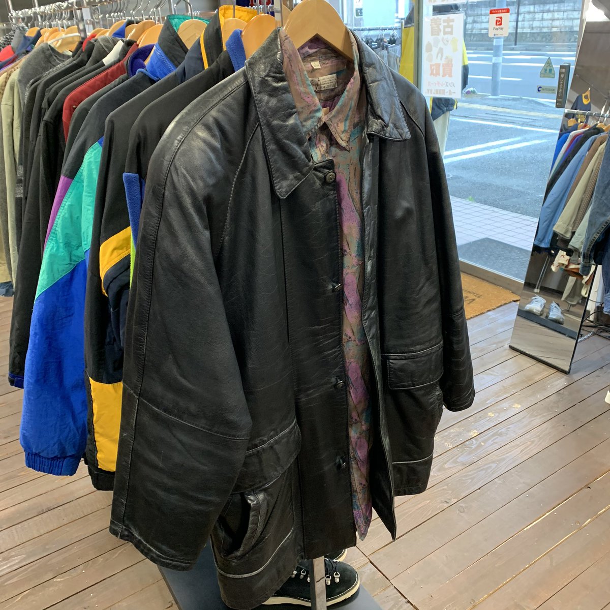 極美品 レザーコート ハーフコート ラムレザー 裏地総柄 お洒落古着