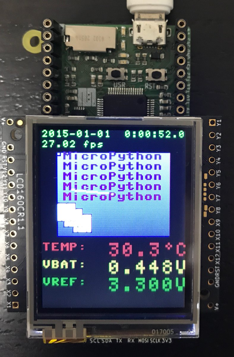 kemusiro's tweet image. MicroPython研究のための今週のお買い物その2。Pyboard用のTFT LCDディスプレイLCD160CR v1.1H。160x128ピクセル、16bitカラー、タッチセンサー付き。初代PyboardにもD-Seriesにも付けられる。
簡易的な端末機能もあり、REPLの入出力を参照できる。#Pyboard