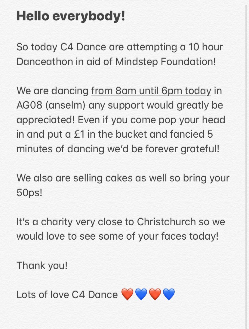 CCCU_dance's tweet photo. TODAY IS THE DAY! We’ve officially started our 10 hour Danceathon! We are raising money for @mindstepfoundation 💙❤️ When: TODAY!! 8am till 6pm Where: AG08 (anselm) so please come show your support today!💃🏼🕺🏼 https://t.co/n9TsZYcs0E