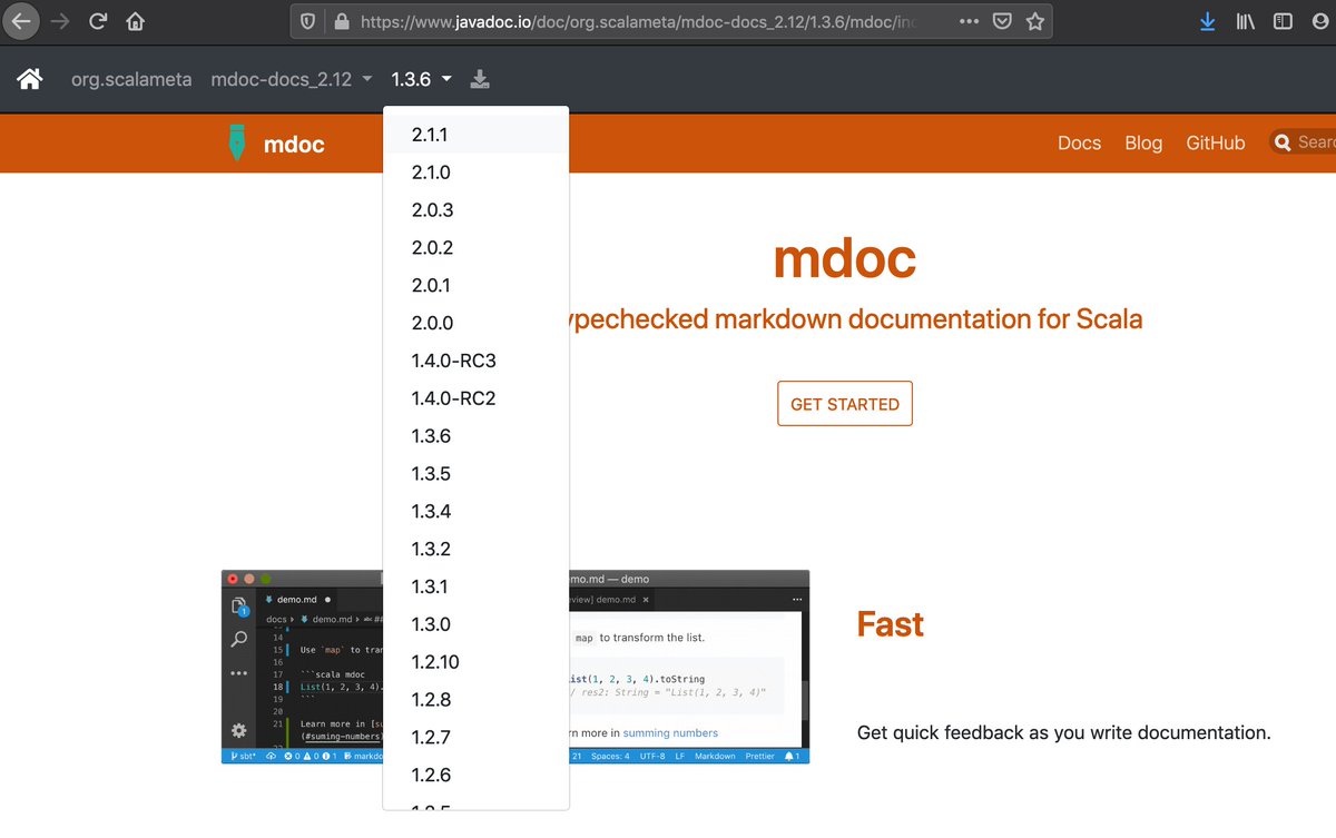Screenshot of javadoc.io showing the mdoc documentation website for version v1.3.6. There is a select list to browse the documentation for other mdoc versions, from v2.1.1 down to v1.2.6