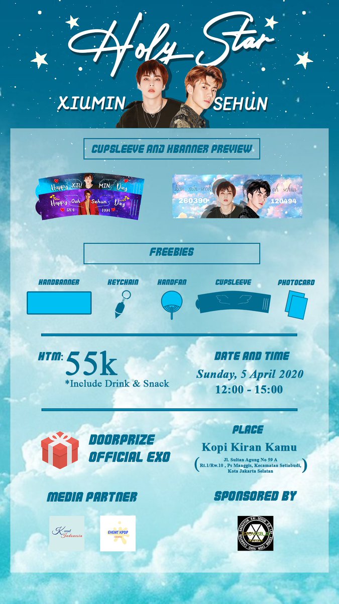 EventKpopID's tweet photo. Jakarta Event
By @holystarexol
.
🗓 MINGGU, 5 April 2020
🏢 KOPIKIRAN KAMU MANGGARAI
🕑 12.00-15.00
🎟 55K (INCLUDE DRINK&SNACK)
RSVP Link
https://t.co/F1rdp3YXIu
#cupsleeve #exoevent #eventexo #jakartaevent #sehun #xiumin #EXO https://t.co/nvnaKzwCgp