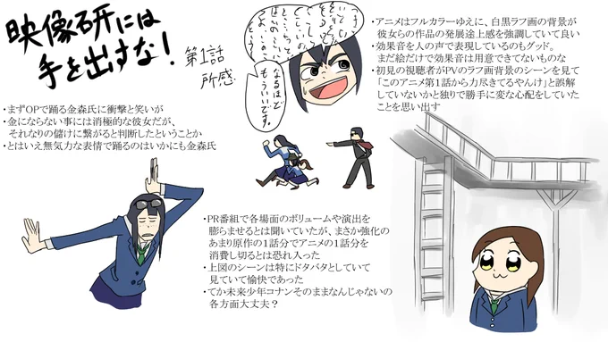 #映像研 の第1話～第4話が一挙放送されたのでそれらの感想イラストをまとめて再掲

再掲するにあたって色々と手直しもした
学生の頃からこういうレポート風の絵に憧れてて描いてみたんすよ 