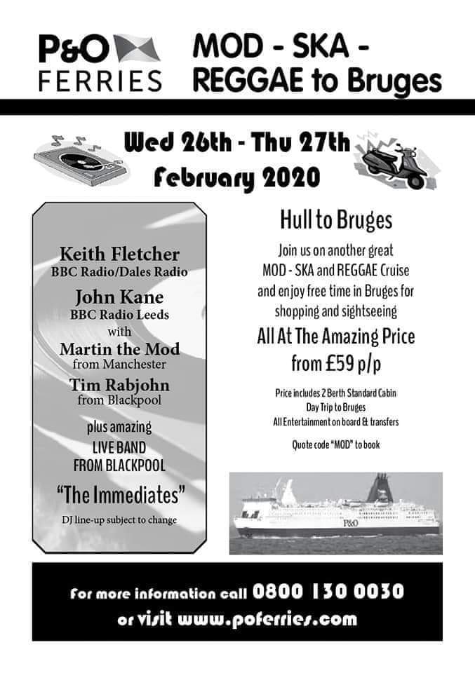 immediatemod's tweet photo. Missing Europe? Come to Bruges with up on the Mod Ska cruise departing from Hull on Wednesday the 26th Feb get back Friday. Paint you passport Blue if you want. https://t.co/uq1pp59mNB