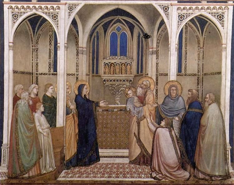 Aparece un templo gótico de 3 naves con arcos apuntados.  En el central, la Virgen María abre los brazos ofreciendo a su Hijo, a quien enfrente sostiene Simeón en sus brazos. También le contempla la profetisa Ana, san José y otras figuras a ambos lados.