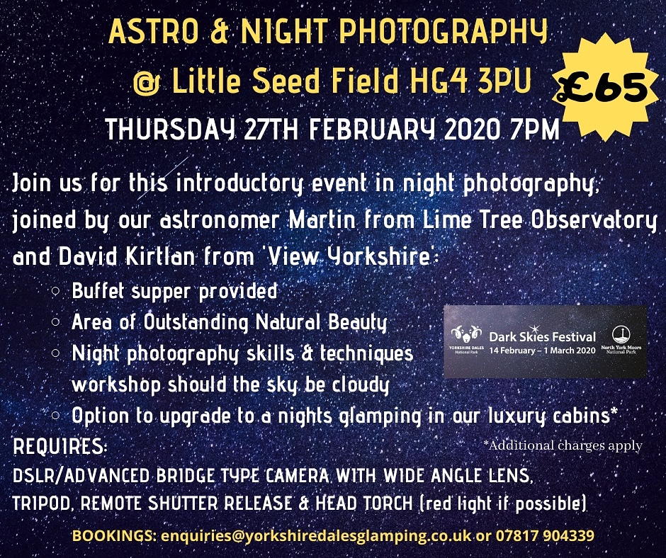 Places still remaining on our <a href="/yorkshire_dales/">Yorkshire Dales National Park</a> Dark Skies event! Grab your camera and join us! Book 2 or more places for £55 each, including buffet supper 😀 #darkskies #amateurphotography #astronomy #yorkshire @NidderdaleAONB <a href="/nidderdaleuk/">Pateley & Nidderdale</a> <a href="/VisitNidderdale/">Nidderdale</a> @VisitMasham
