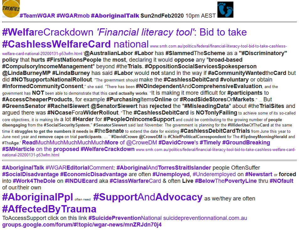 WgarNews's tweet photo. @SenatorSiewert #WelfareCrackdown: BidToTake #CashlessWelfareCard national https://t.co/amRmaPp7A4 | #Labor @AustralianLabor has #SlammedTheScheme as #RaciallyDiscriminatory | #INDUEcard aka #ClassWarfareCard | @Greens #Greens: 'Govt shd #IncreaseNewstart' #TeamWGAR 2Feb https://t.co/t7BVXuN6Tm https://t.co/HLUrIdU2pN