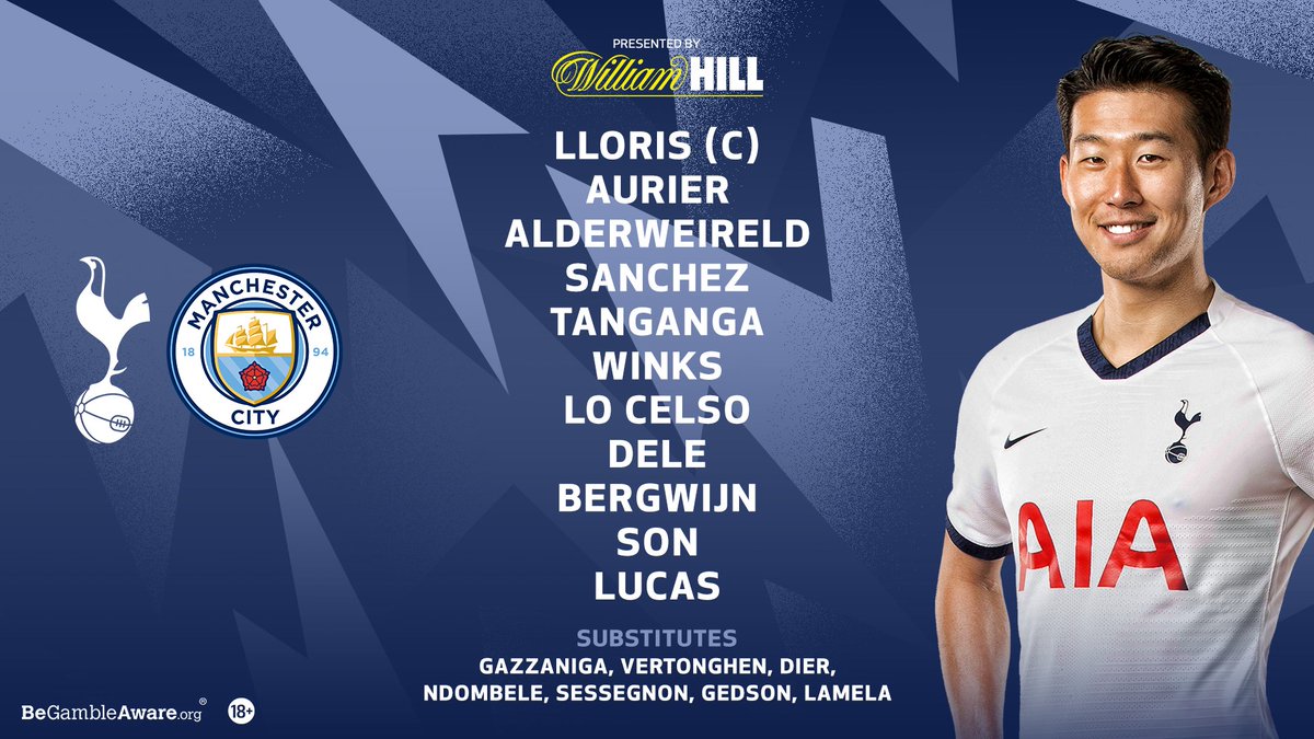 #THFC: Lloris (C), Aurier, Alderweireld, Sanchez, Tanganga, Winks, Lo Celso, Dele, Bergwijn, Son, Lucas.

📲 <a href="/WilliamHill/">William Hill</a> latest (18+)
bit.ly/TLTWManCity

#THFC ⚪️ #COYS