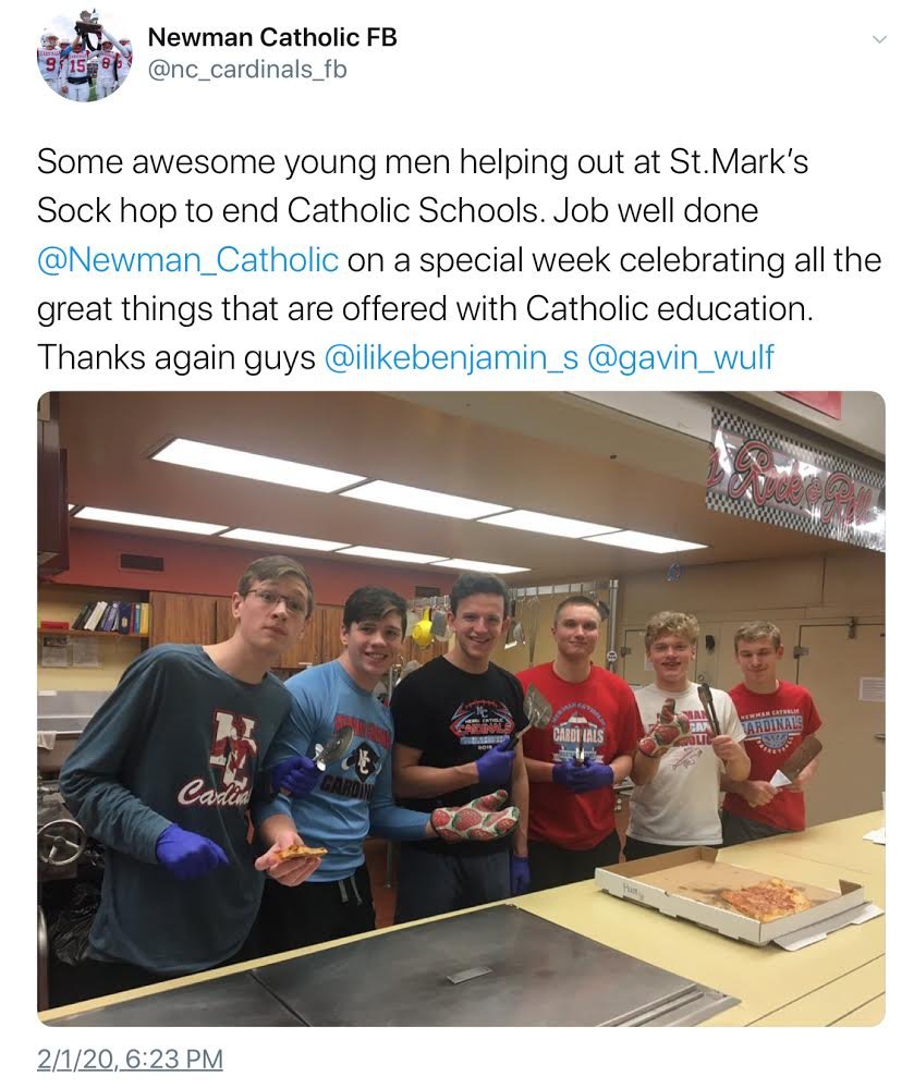 Newman_Catholic's tweet photo. Great way to cap off Catholic Schools Week. Thanks for sharing this great photo! @nc_cardinals_fb #catholicservice #csw20 https://t.co/ZJvxOOS45f