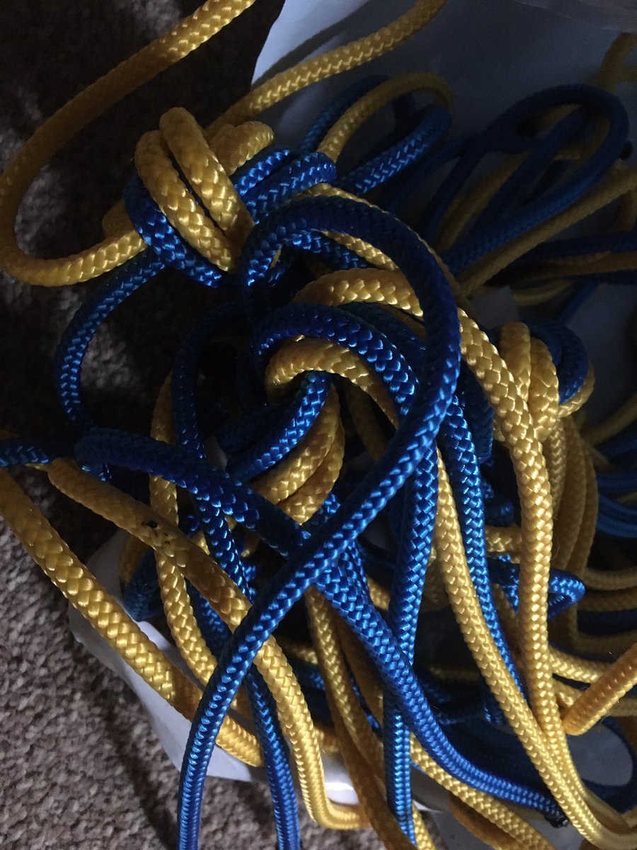 Knot tying cord in our group scarf colours cut, sealed and hanked ready for the cub pack to practice one of the oldest scouting skills #skillsforlife #knots #scouting