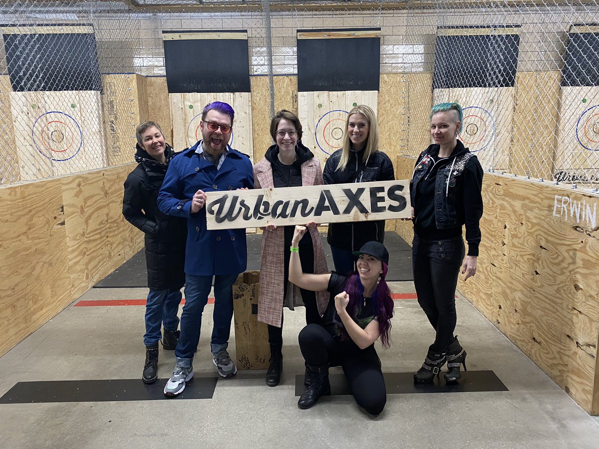 Travis, Verona Blue, Satine Phoenix, Kim Rhodes, Barbara Dunkelman and Tybee Diskin at axe throwing place