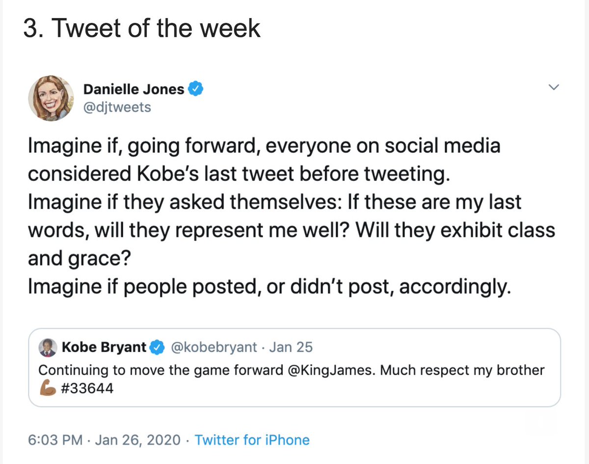 wordwhacker's tweet photo. One early (2011) Twitter lesson from @Sree: Always tweet as if it were your last tweet, one that could be your legacy. Seems that @djtweets of @Axios believes the same as she points to @kobebryant last gracious and classy tweet. #LearnSocMedia #BestTweets #LIUSMS https://t.co/JA8DKHv9Wp