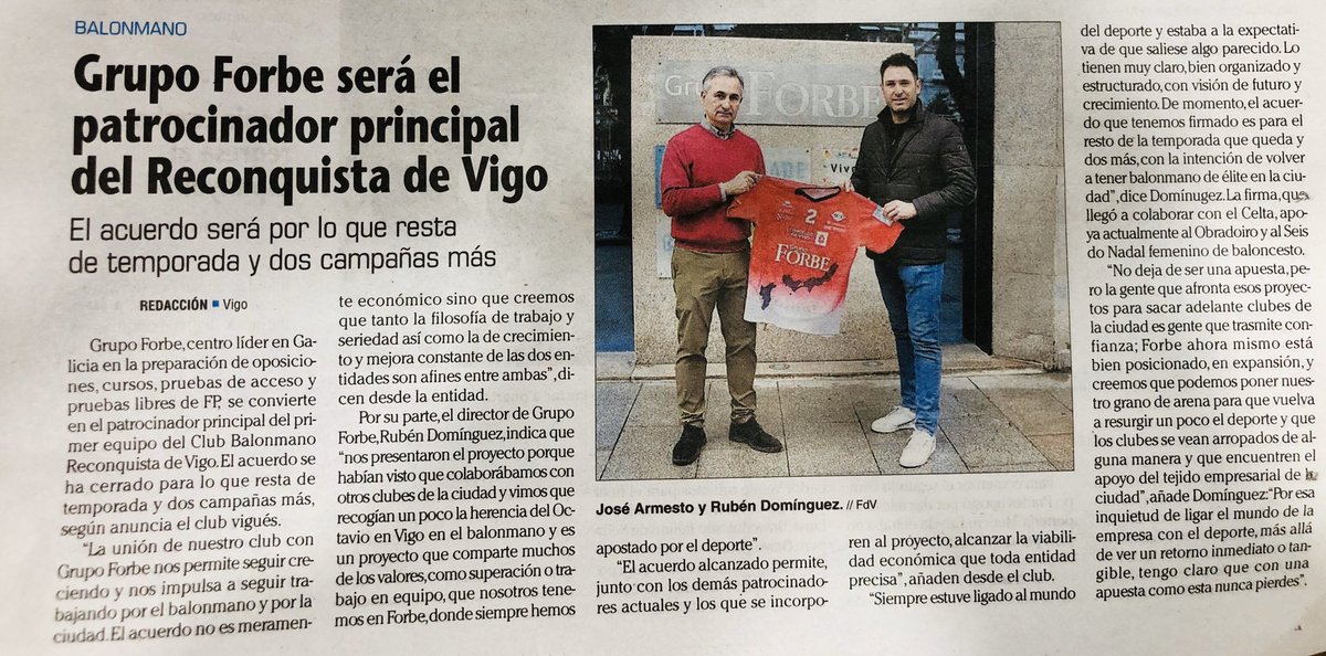 En Forbe seguimos apoyando proyectos vinculados al #deporte y el de <a href="/bmreconquista/">Club Balonmano Reconquista de Vigo</a> nos encanta. ¡Bienvenidos al #equipoForbe! 👏🏼👏🏼

farodevigo.es/deportes/2020/…