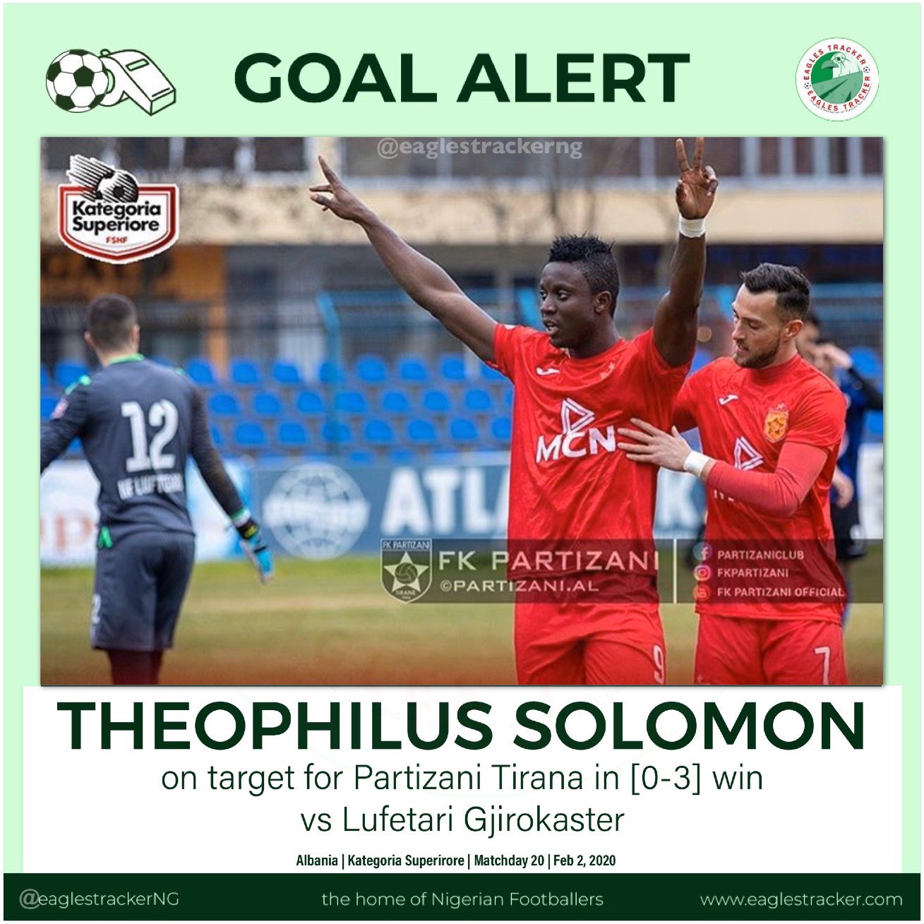 Home of Nigerian Football on X: Theophilus Solomon scored the winning goal  for #fk #partizani in their [1-2] #Albania #kategoria #superiore win vs #kf  #tirana —————————————— More on  Link in  @eaglestrackerng