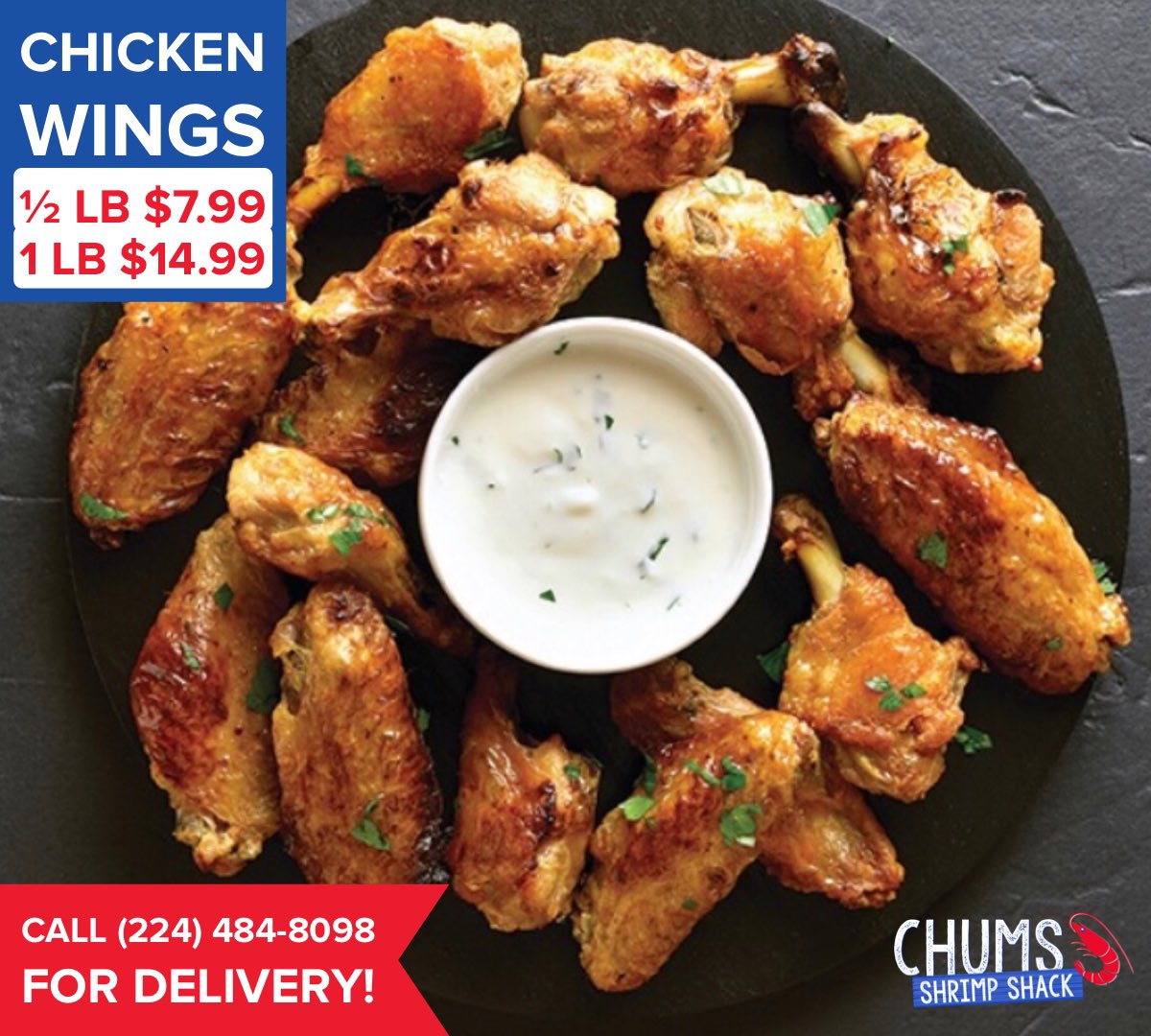 chumsshrimp's tweet photo. Today is the Big Game! Stop in and take advantage of our Game Day Special: Lemon Pepper or Cajun Spice Chicken Wings at $7.99 for a 1/2 lb or $14.99 for 1 lb. They’re finger lickin’ good! 🏈🍗#chumsshrimp #eastdundee #westdundee #dodundee #shrimpshack #shrimp #chickenwings #wings https://t.co/G3kXc9b1iT