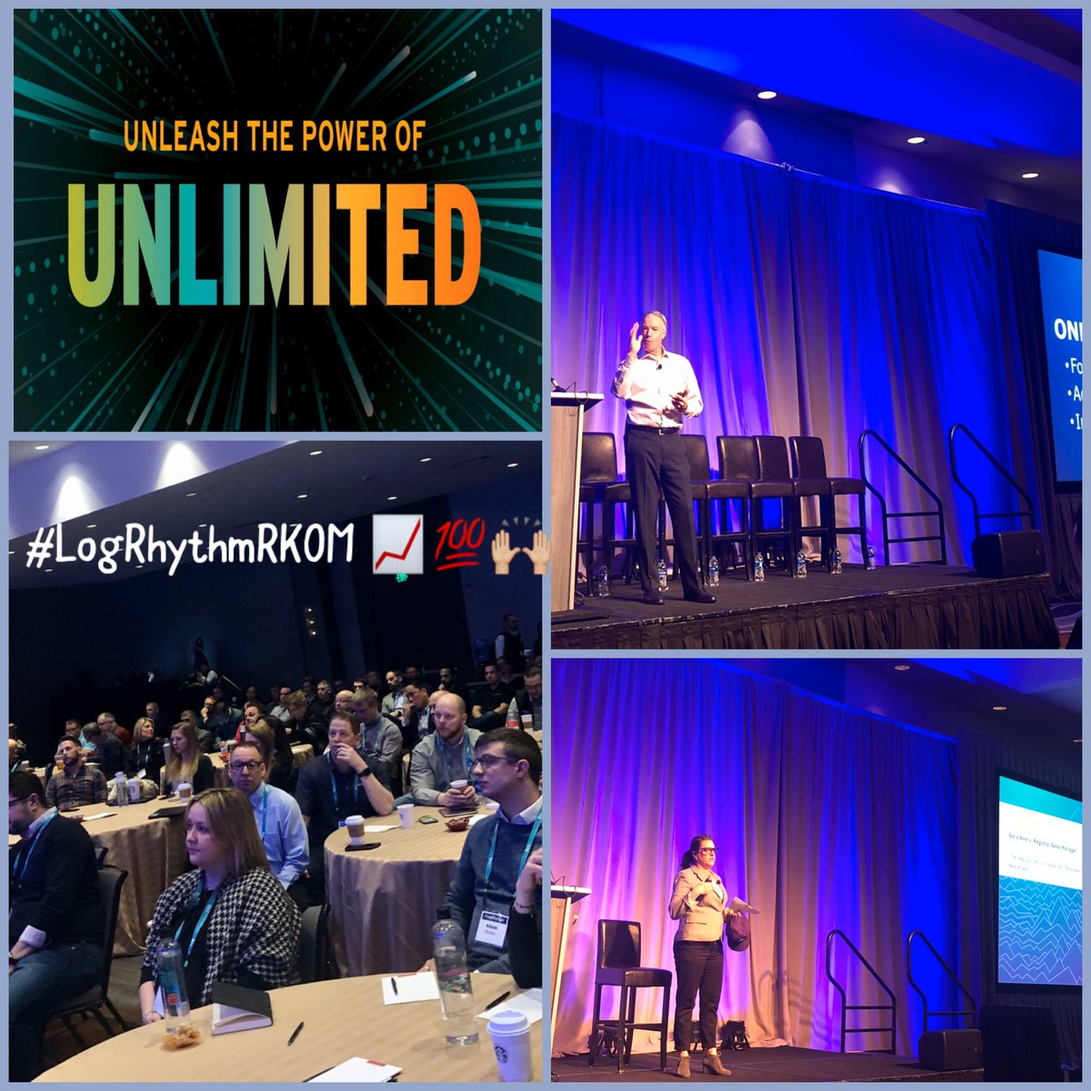 Collage of photos with LogRhythm's Unlimited offering, Mark Logan's keynote, top sales rep Sara Avery's presentation, and a photo of the crowd of attendees.