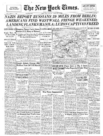 Feb. 2, 1945: Nazis Report Russians 39 Miles Off Berlin; Americans Find Westwall Fringe Weakened; Landing Flanks Manila; Luzon Captives Freed  https://nyti.ms/2GMEPNN 