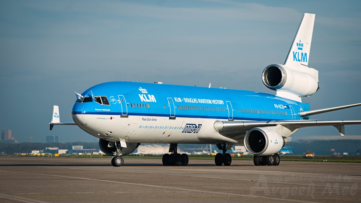 here is @KLM MD-11 plane PH-KCD returning to @Schiphol from a day operating...
