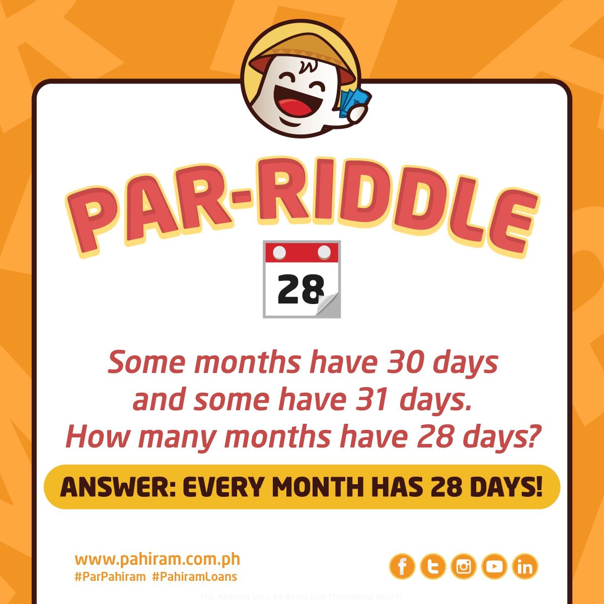 PH_Pahiram's tweet photo. PAR RIDDLE: Did you get this??

Don't forget to like👍🏻, share✍🏻 and follow😍 us on Facebook, Instagram and Twitter.

#BrainTeasersniPar #ParPahiram #PahiramLoans #SayNoToPredatoryLoans #LowInterestLoans #LoansforPinoy #Loansph #LoansWithaHeart #LoansForYouandMe #heretohelp https://t.co/HBXXkfqm1s