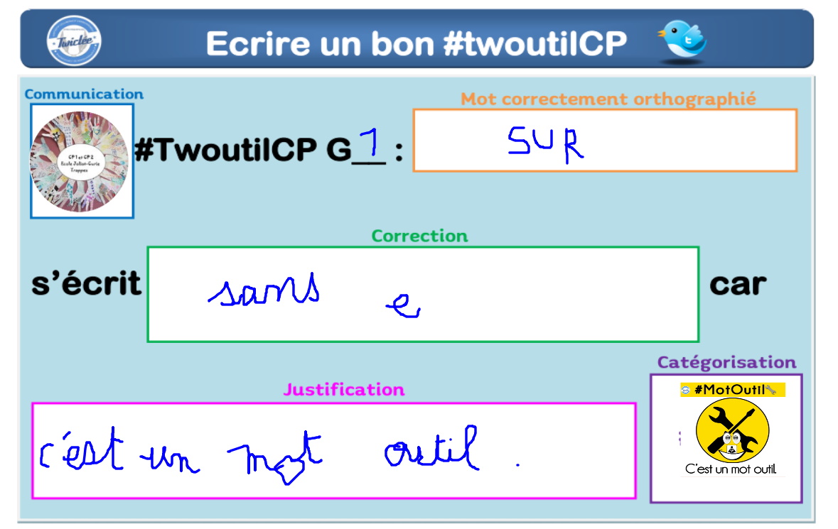 laclassedecynt2's tweet photo. @CP_Jules_Ferry #TwoutilCP G1 : SUR s'écrit sans e car c'est un mot outil. #MotOutil @TwicteeOfficiel https://t.co/ohcKPZbwOU