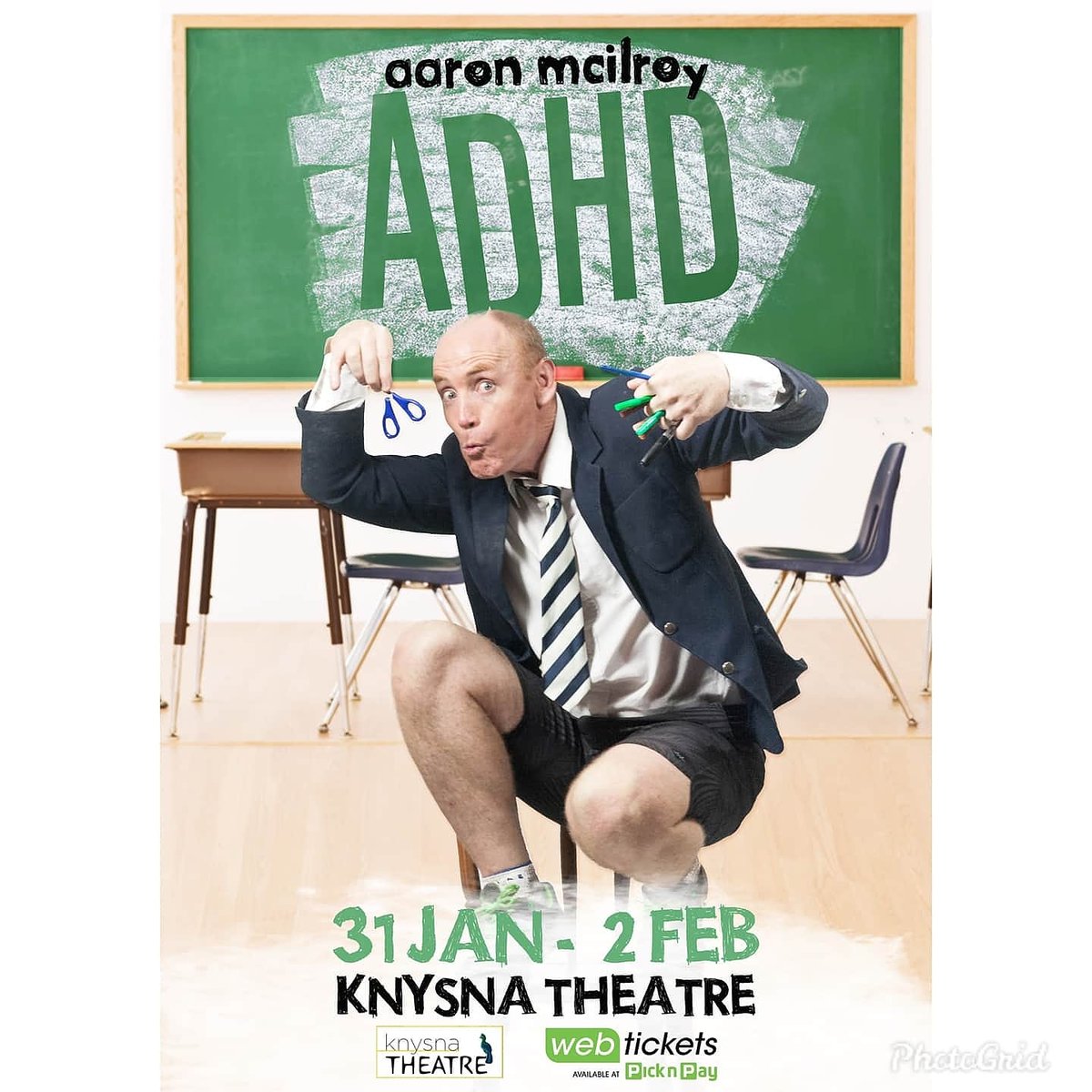 KnysnaTheatre's tweet image. It's your last chance to catch the incredibly funny Aaron McIlroy in the hit comedy, ADHD - with the final performance this afternoon at 3pm. Tickets at R160 are available at the door, Webtickets, and Pick 'n Pay stores.
Don't miss the Master of Mirth!