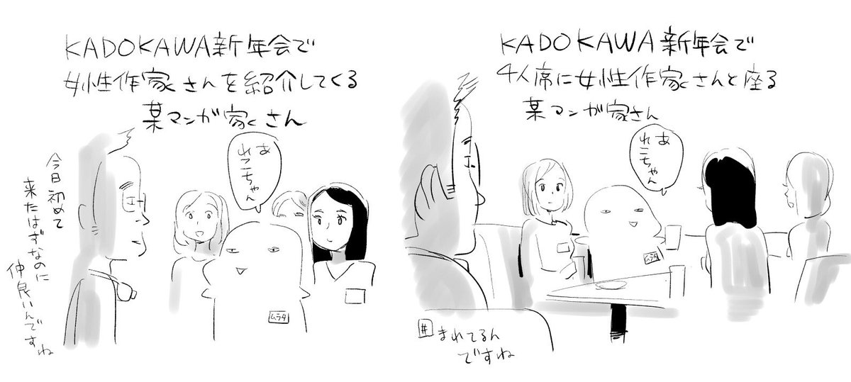 音井れこ丸先生が描いたKADOKAWA新年会での僕の様子です。目がやばい。 