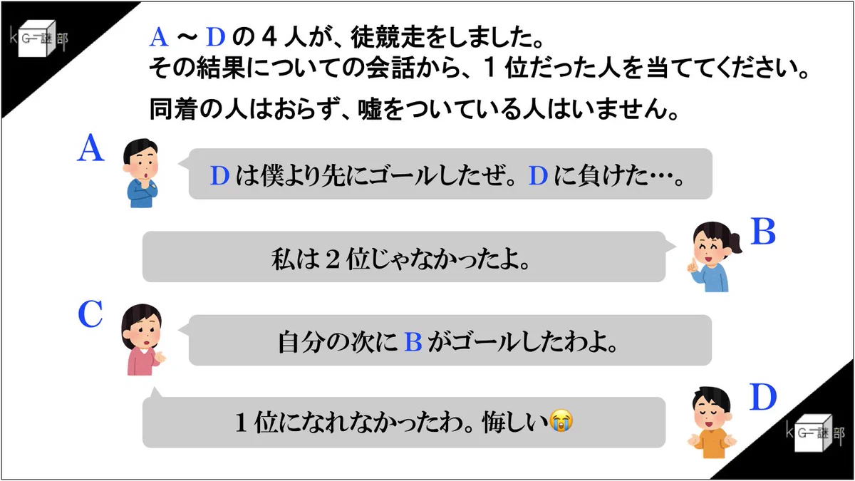 【脳トレ】面白いので騙されたと思ってやってみて！「皆の証言から1位の人を当てるクイズ」