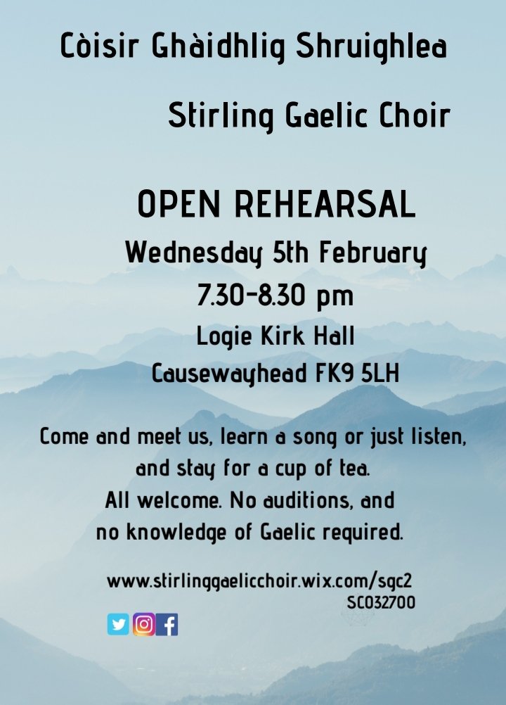 Poster for open rehearsal on Wednesday in Logie Kirk Hall 7.30pm to 8.30pm