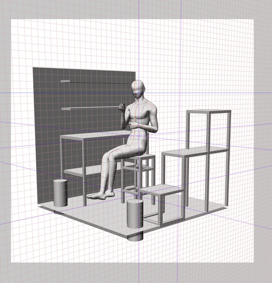 Trying using blender to help with background set up:Make a floor plan and height measurements; build in blender; import to csp and put in the 3d human figure, use it as base for perspective and start the painting 