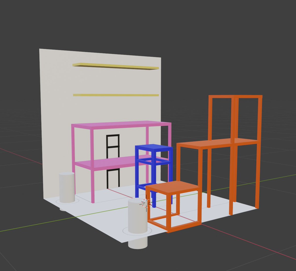 Trying using blender to help with background set up:Make a floor plan and height measurements; build in blender; import to csp and put in the 3d human figure, use it as base for perspective and start the painting 