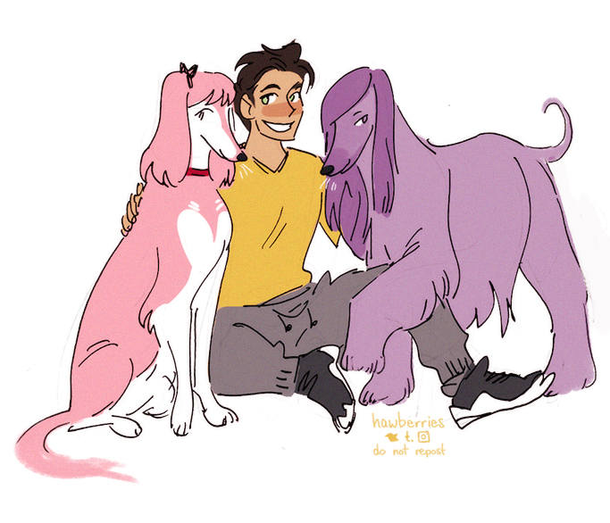 a drawing of claude in modern dress, sprawled on the ground with two sighthounds sitting by him; a pink saluki with pigtail-like ears, and a smug-looking purple afghan hound.