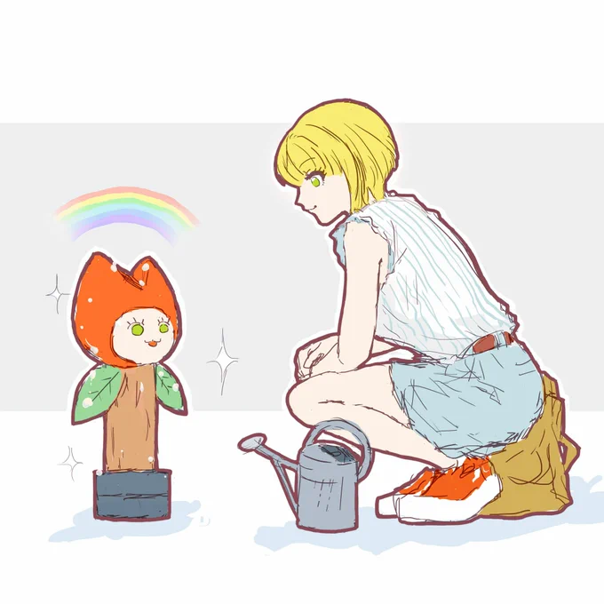 うえきちゃんの幼体に水をあげるフレちゃん 
