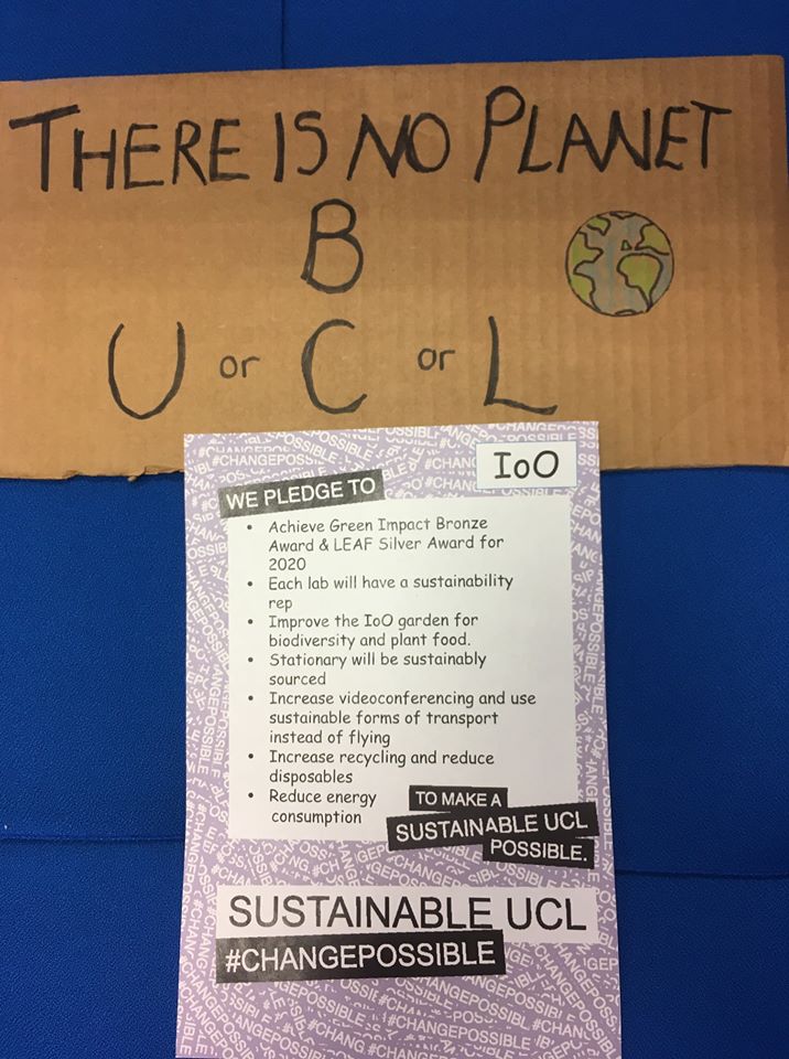 UCL Institute of Ophthalmology sustainability placard and pledges