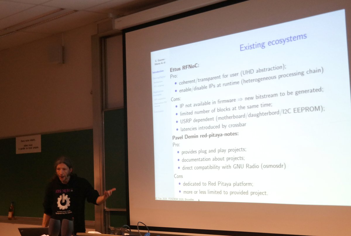 dEnergy_dTime's tweet image. Still in the #FreeSoftwareRadio devroom at #FOSDEM2020: @GwenhaelG (of @FemtoSt fame) presents how to do portable Hardware/Software Codesign. Don't let your vendor tool rob you of any sleep!