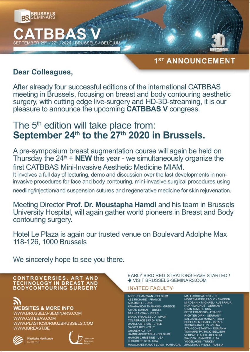 CATBBAS's tweet photo. Join us in #Brussels for #CATBBAS 5th edition! State of the art in #aesthetic #breast and #bodycontouring #surgery, with 3D #highdefinition #livesurgery. Early-bird registration until end of February on https://t.co/KgB57nMQId. Organised by @MoustaphaHamdi and his @UZBrussel team https://t.co/XJdPHW9Ynz