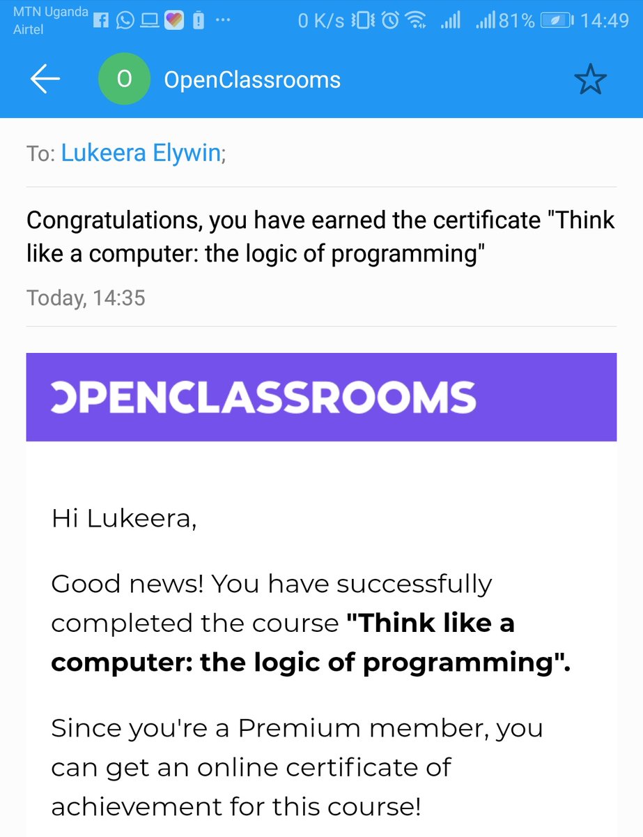 ellywinmichael's tweet photo. Straight to the finish line no looking back #OpenClassrooms #dsc_ucu #DevCKla https://t.co/vrSvvnkjIX