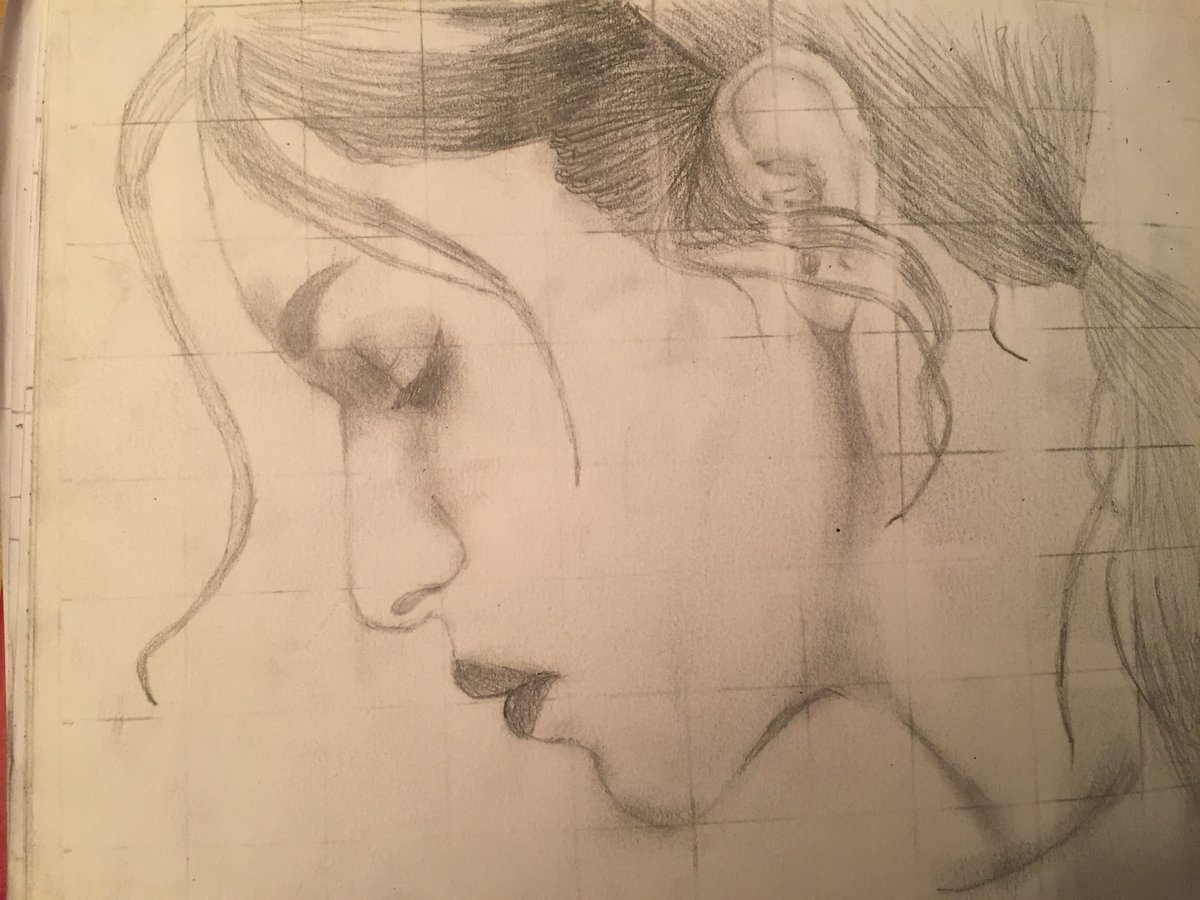 Eventually we move on to a whole portrait. But our pupils, being novices not experts, are not skilled enough to draw from life, so we use the grid method – like stabilisers – until they become proficient (May be years away). This is &7 work 5/10