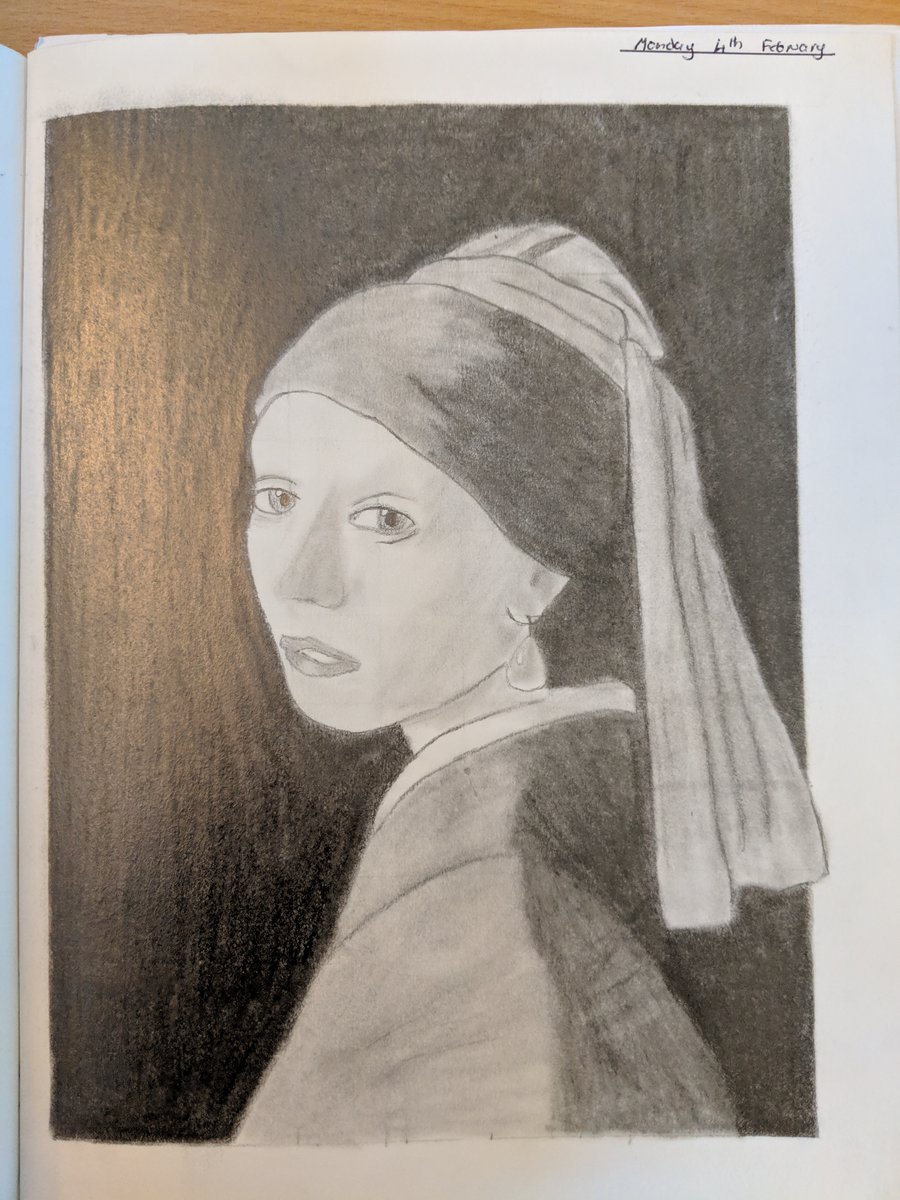 Eventually we move on to a whole portrait. But our pupils, being novices not experts, are not skilled enough to draw from life, so we use the grid method – like stabilisers – until they become proficient (May be years away). This is &7 work 5/10
