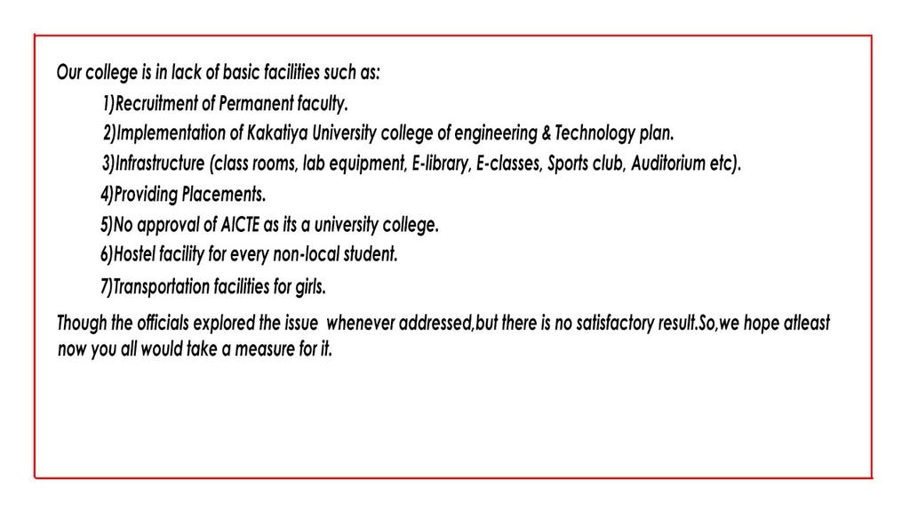 Cherry67211061's tweet photo. #save_kucet
@KTRTRS
@TelanganaCMO @trspartyonline
@eenadulivenews
@trsharish
@SabithaIndra
@PawanKalyan @DrTamilisaiGuv to solve our issue.Our college is in need of basic facilities mentioned below.#save_kucet https://t.co/SIxawMMZps