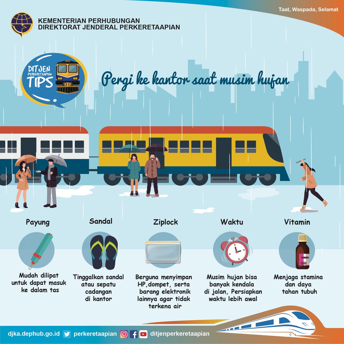 perkeretaapian's tweet photo. #SahabatDJKA lagi musim hujan gini, jadi suka mager pergi ke kantor nggak sih? Apalagi hujannya turun pas di tengah perjalanan, dan kita nggak ada persiapan apapun dari rumah. Nih, mimin kasih tips pergi ke kantor saat musim hujan ya
β£
#DJKAbekerjaLebihKerasβ£
#TipsMusimHujanβ£ https://t.co/UPiJXW6Pn2
