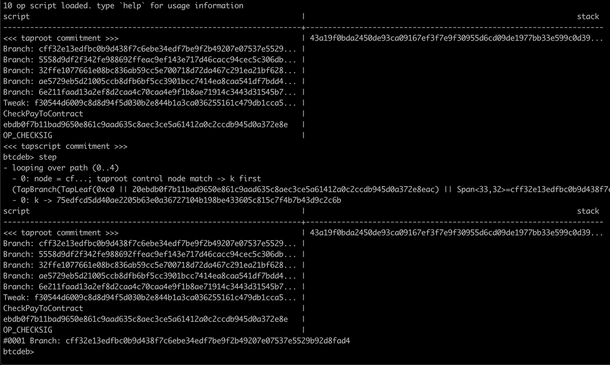 kallewoof's tweet photo. #btcdeb (experimental taproot branch) now steps through the tapscript commitment verification phase. I don't know if this is particularly helpful so I may end up making this an option that you have to turn on. https://t.co/DRRX9w8VjB